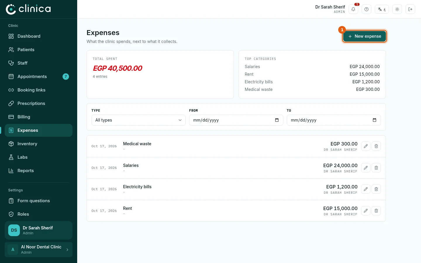 The expenses page