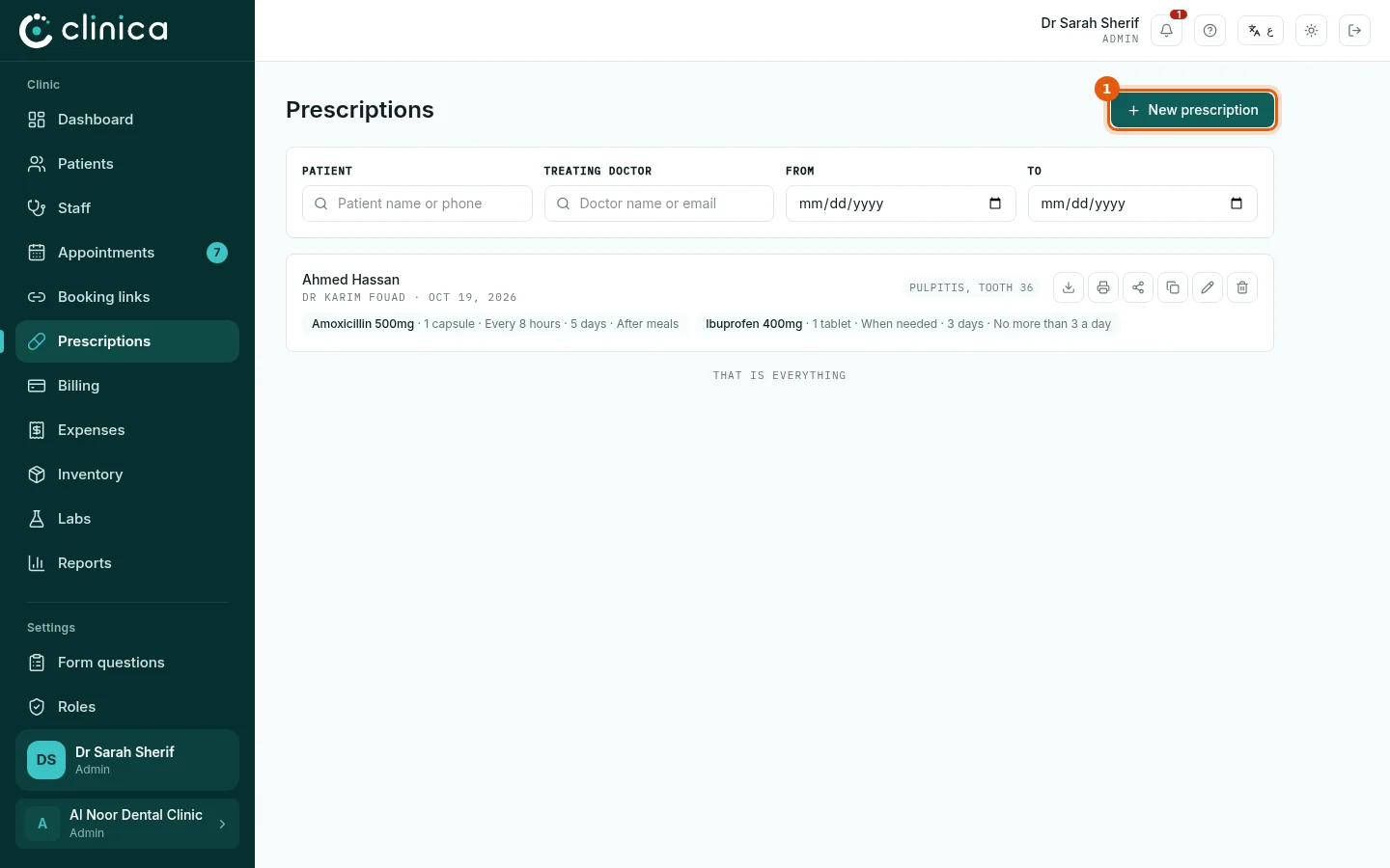 The prescriptions page